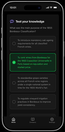Wine tourism app — quiz screen